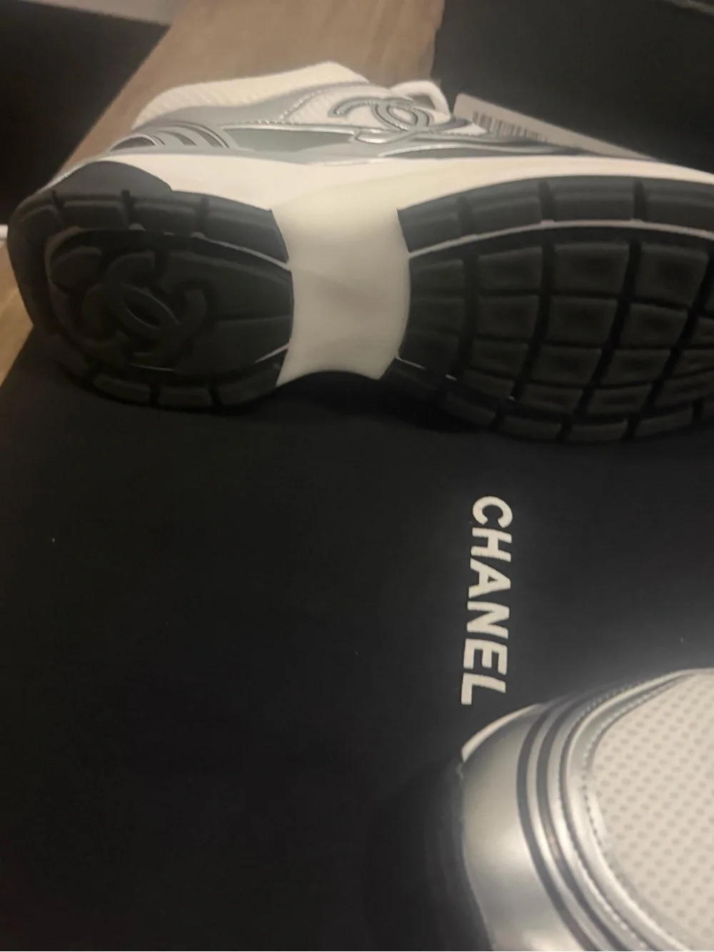 CHANEL Silver & White Logo Runner Sneakers